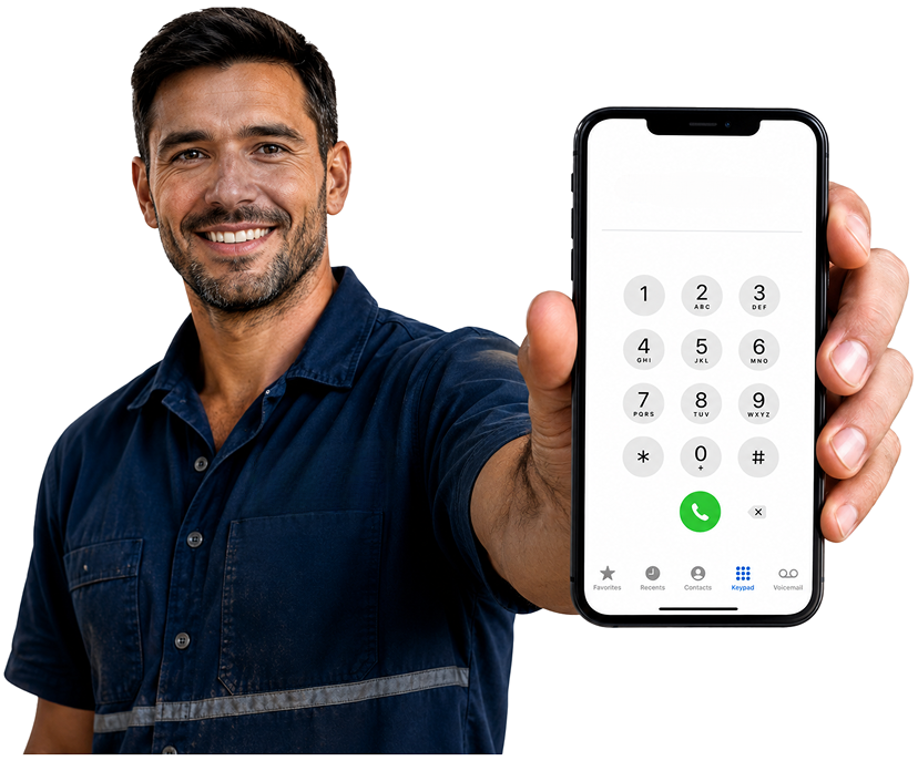 North Strathfield Blocked Drains plumber holding a phone — call 1300 261 965