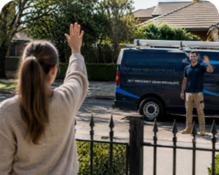 Customer waving goodbye to a North Strathfield Blocked Drains plumber